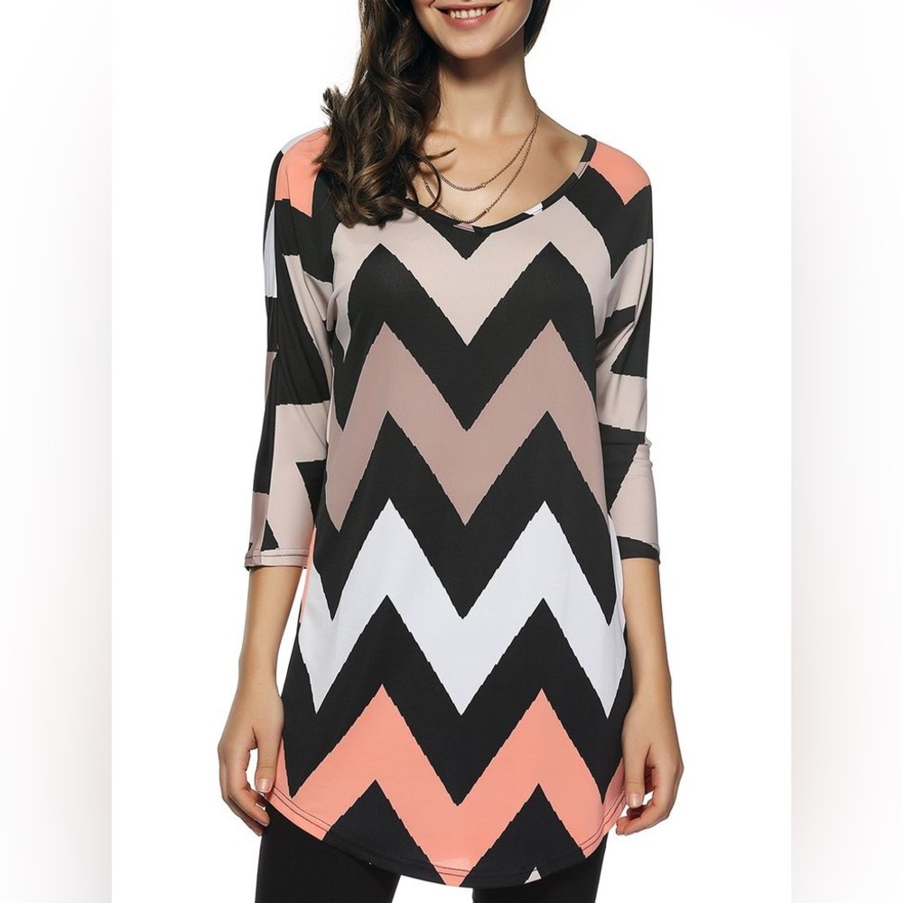 Chevron Tunic Dress Zig Zag Women’s Large Black Peach Long Shirt Top Fall Retro